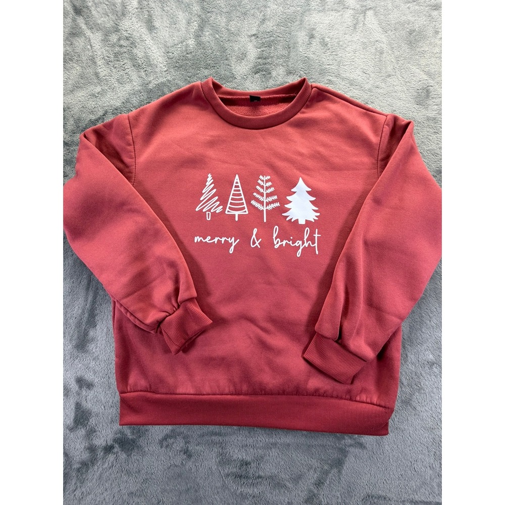 SHEIN Womens Christmas Sweatshirt Red Merry & Bright Trees Fleece Pullover M